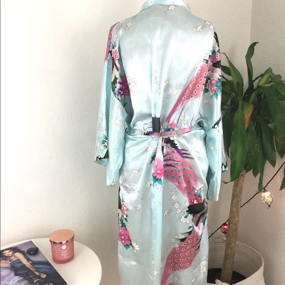 Peacock Blue Romantic Satin Kimono Robe - Picture 4 of 4